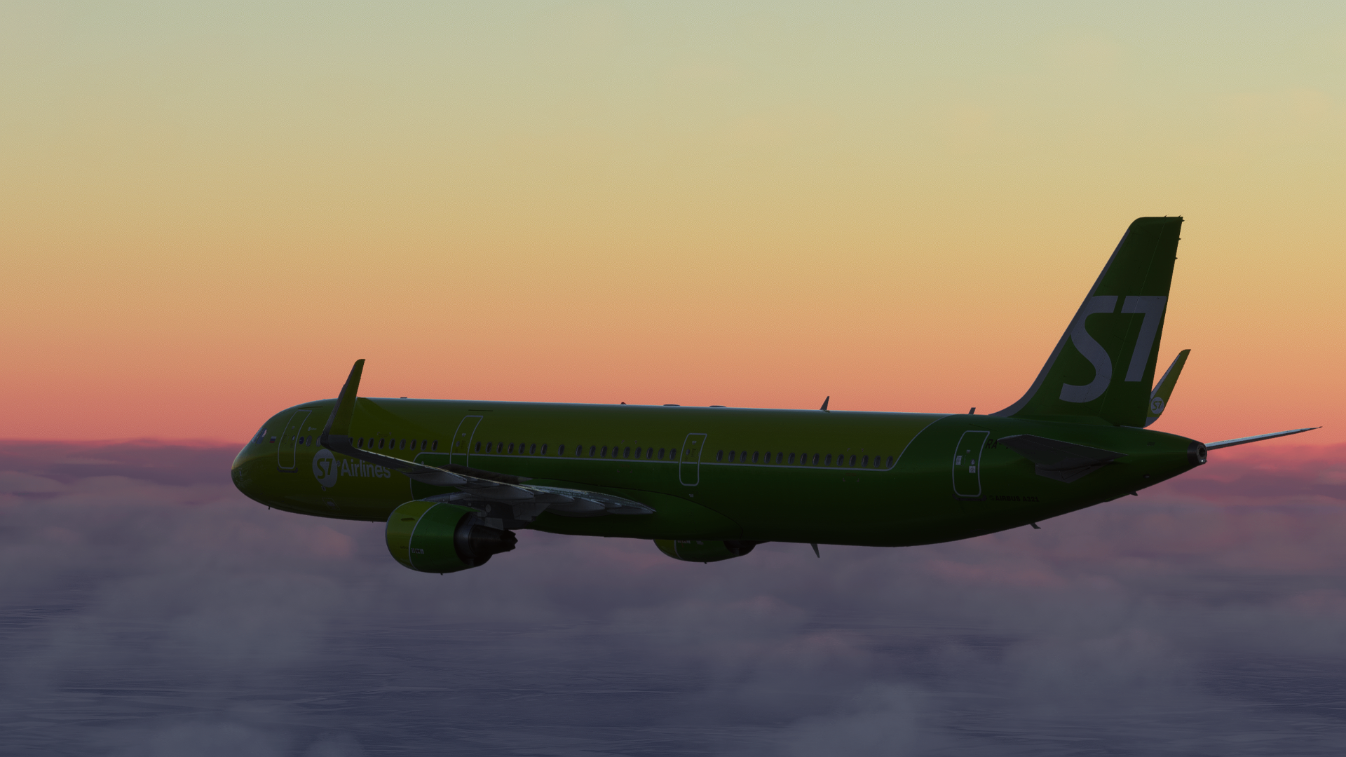 S7 Airlines Airbus A321 cruising above the clouds at sunset