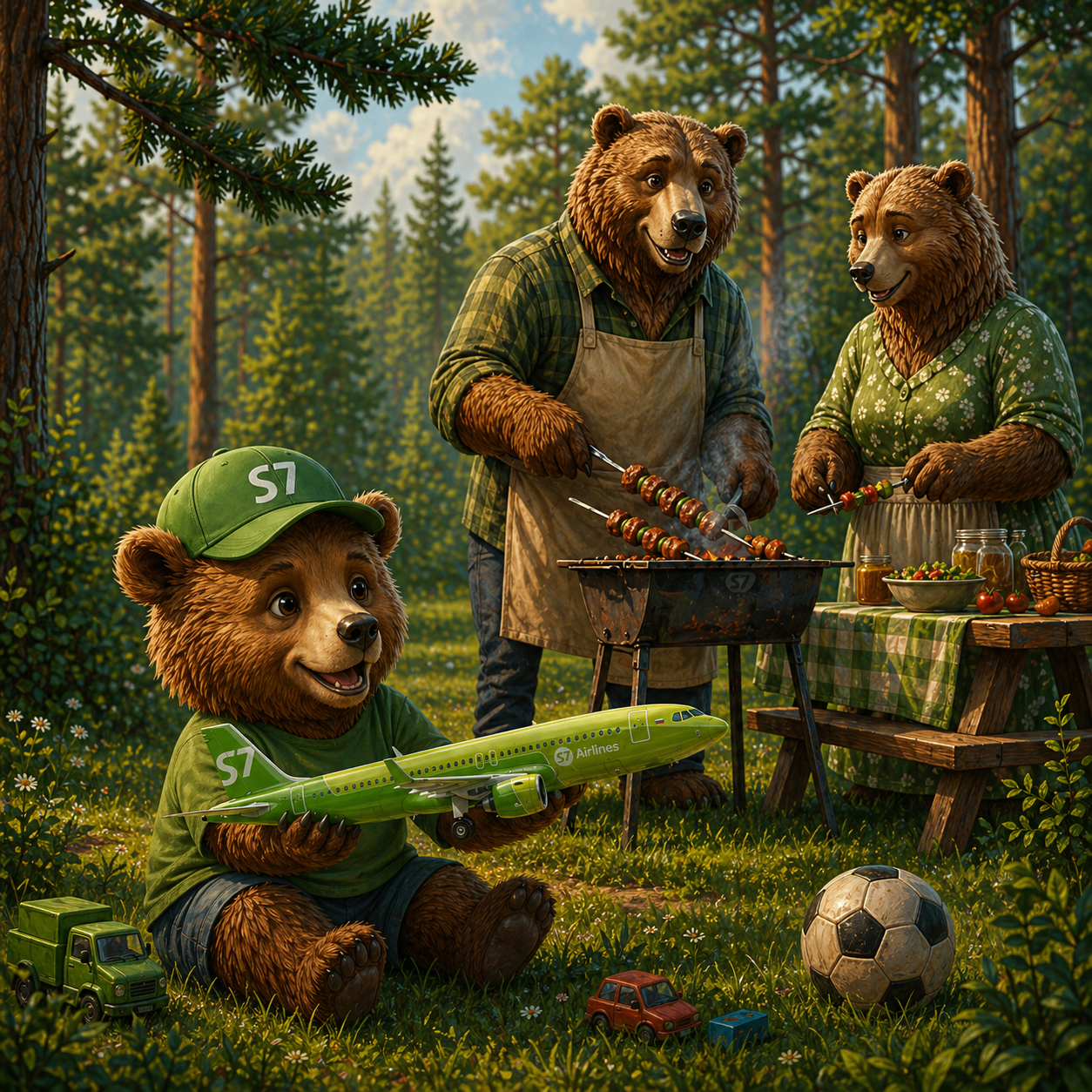 Siberian bear family in a forest with a young bear wearing an S7 cap and holding a green S7 aircraft