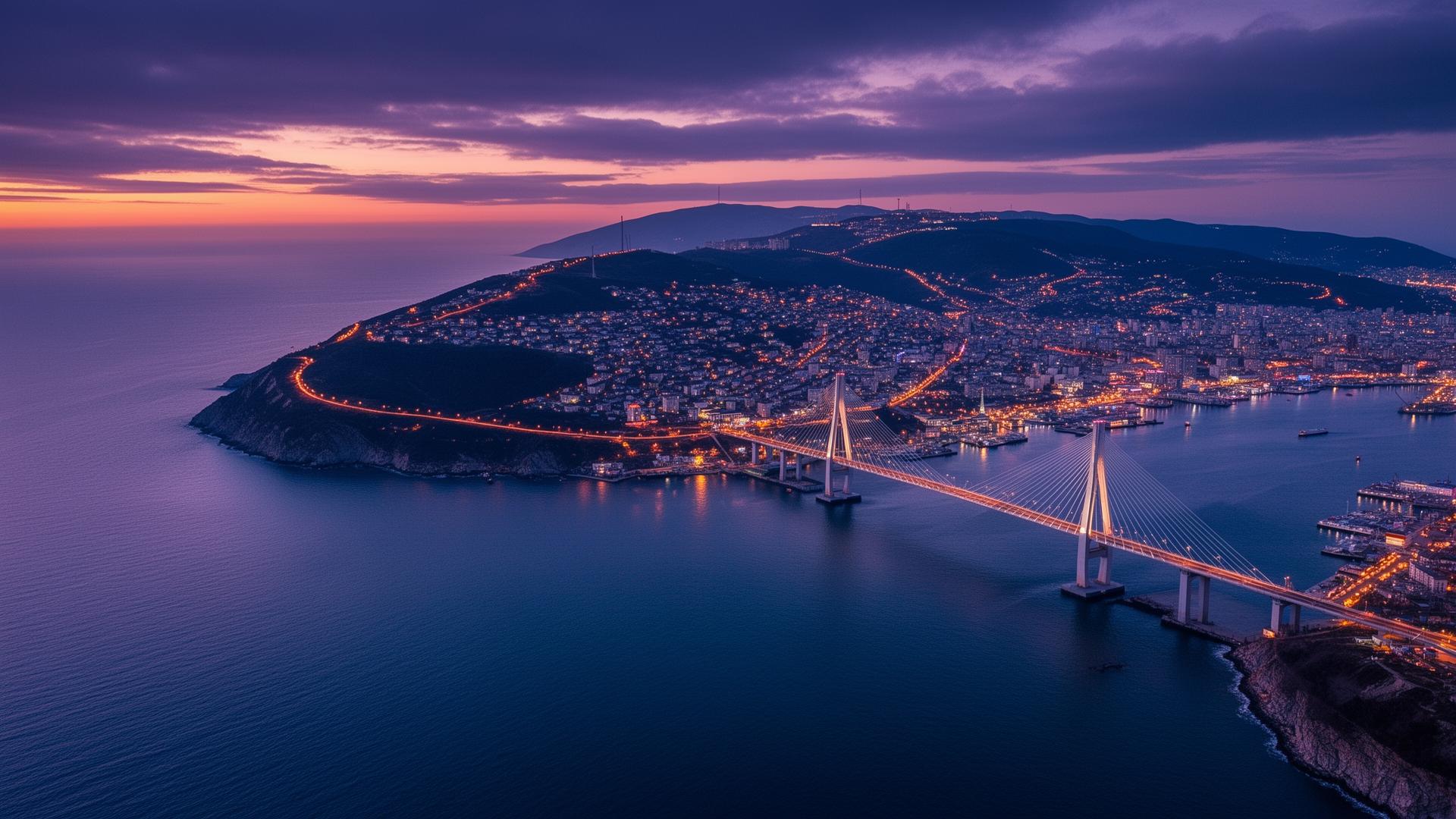 Vladivostok skyline along the Pacific coast at twilight